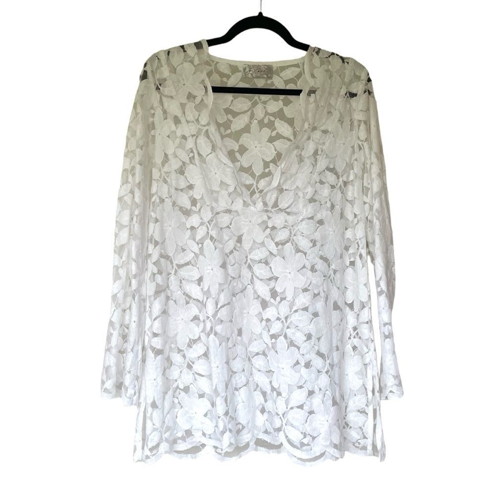 J. VALDI Luxury Lace Swimwear Coverup Side Slits Long Bell Sleeves White S